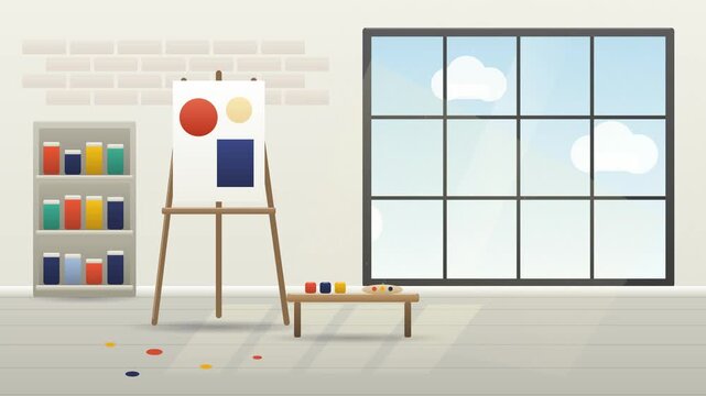 Modern artist studio interior with an easel painting and large windows.
