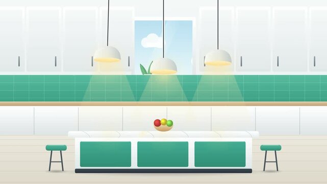 Modern kitchen interior design with white cabinets and a central island with hanging pendant lights.