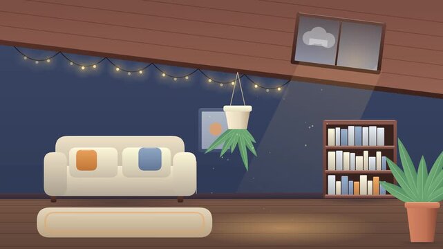 Cozy attic living room interior with sofa bookshelf and string lights at night.