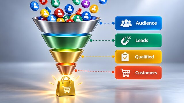 Marketing and sales conversion funnel transforming audience and leads into qualified customers with a glowing golden shopping bag