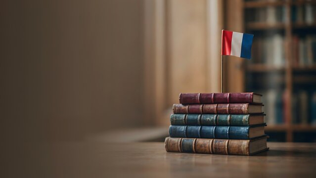 A stack of vintage old leather bound books with a small French flag on top in a library setting