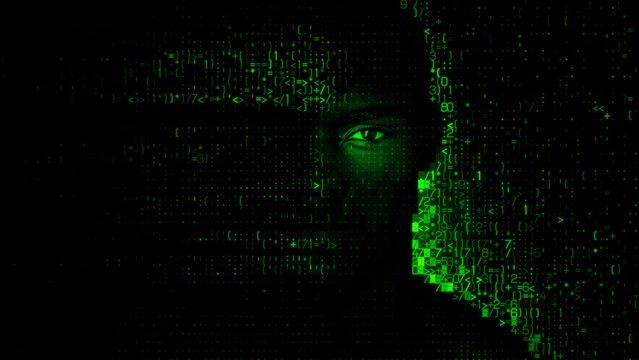 Male Face formed from Source Code, representing Sock Puppet Account Concept.
