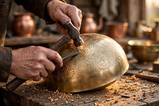 Coppersmith hands engraving ornate pattern on large brass vessel with hammer and chisel