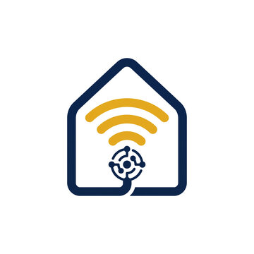 House outline icon with wifi signal and circuit node on white background
