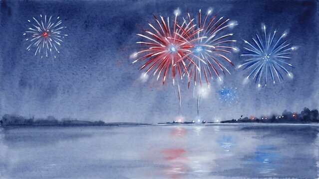 Watercolor painting of red white and blue fireworks exploding over a reflective dark water landscape