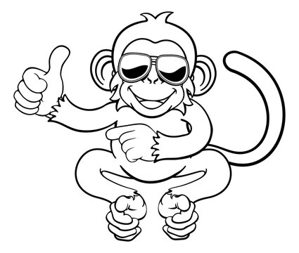 A monkey cool cute happy cartoon character animal wearing sunglasses pointing and giving a thumbs up