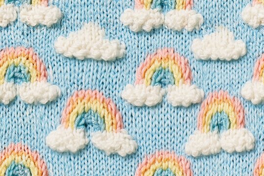 Baby blue knit texture with clouds and pastel rainbows, nursery seamless pattern