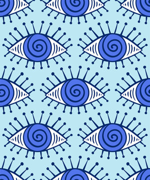 Hand drawn pattern with Turkish evil eye bead. Oriental ottoman design background.