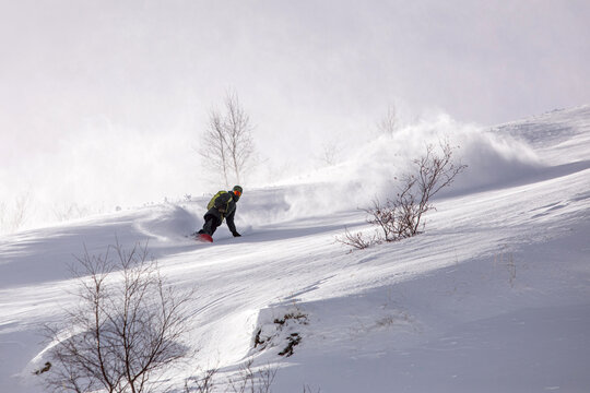 Snowboarder carves fresh powder on a snowy slope