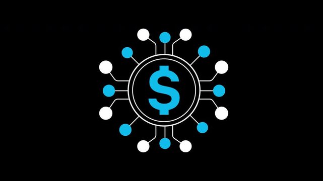 Digital money currency icon animation on transparent background showing dollar symbol and circuit nodes with trim paths in and out. Electronic fintech payment transfer, and online banking concept.