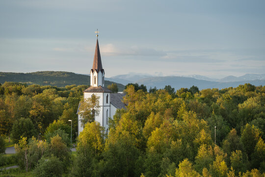 Saltstraumen church in evening light, Nordland, Norway