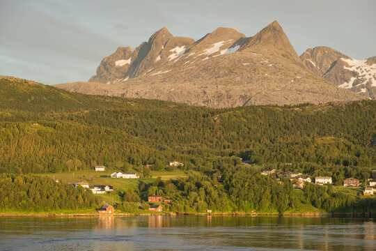 Mountains rise over Saltstraumen, Salten, Nordland, Norway