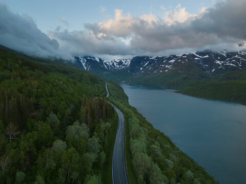 Aerial view of FV 17  Kystriksveien along Nordfjorden, Salten