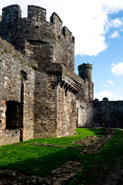 The historic stone walls of Conwy Castle in Wales