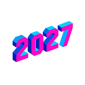 Three dimensional isometric typography of the year 2027 in bright pink and blue colors.