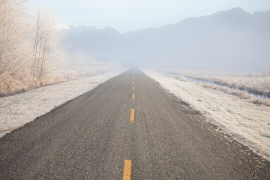 Empty country road disappears into thick fog on a frosty morning