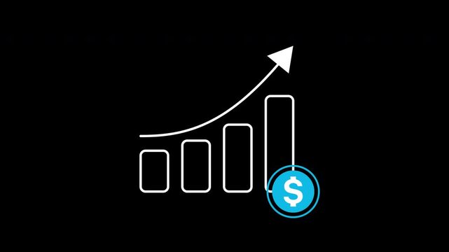 Investment growth chart icon animation on transparent background showing bar graph and rising arrow with trim paths in and out. Financial market profit progress, and online banking system concept.