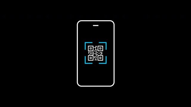 QR code payment scan icon animation on transparent background showing smartphone scanner frame with trim paths in and out. Contactless fintech digital banking, and retail mobile checkout concept.