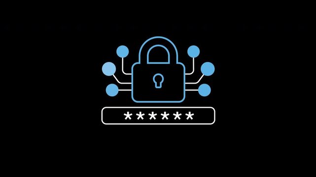 Password security icon animation on transparent background showing padlock circuit and pin code field with trim paths in and out. Digital banking authentication, and online cyber defense concept.