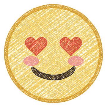 Hand drawn colored pencil heart eyes in love emoji face isolated on transparent background