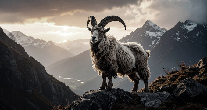 A long-haired goat stands on a rock against a backdrop of mountains. A mountain ram.