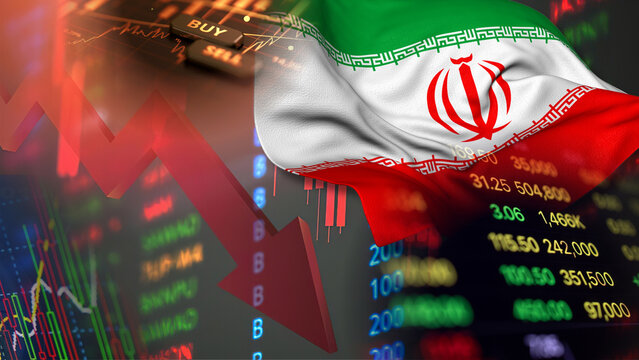 The stock market decline and financial crisis in Iran; bearish financial market trends in Iran. The economic downturn in Iran is featured alongside the Iran national flag and a dropping red arrow 