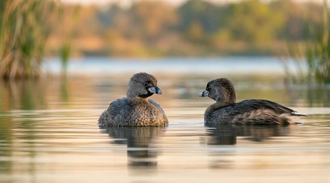 two pied billed grebes floating close up at morning light in everglades florida video