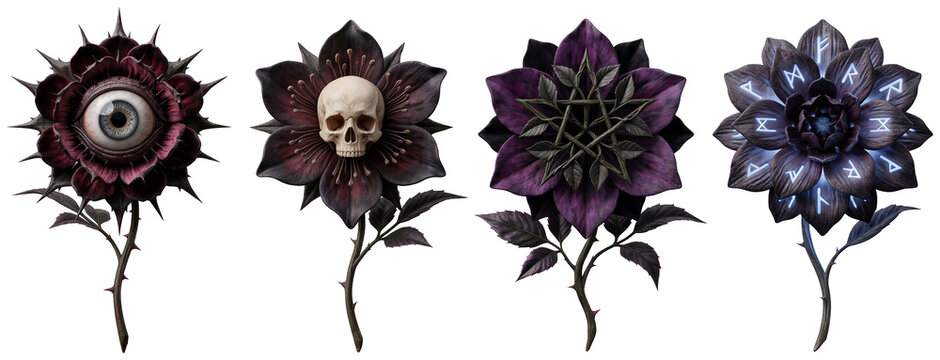 Occult flower set with eye, skull, pentagram and runic blooms isolated on transparent background