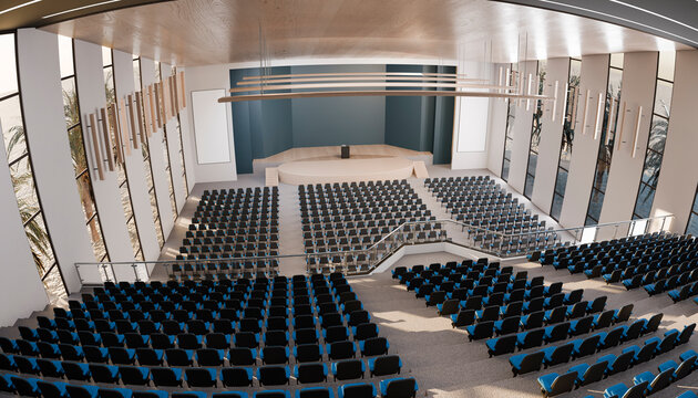 Conference hall with stage and tiered auditorium seating