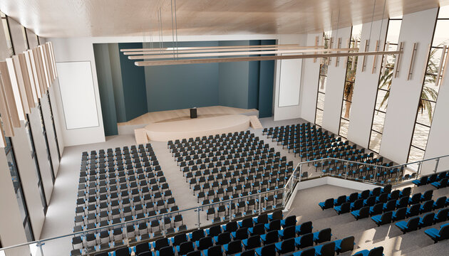Modern conference hall with seating and stage