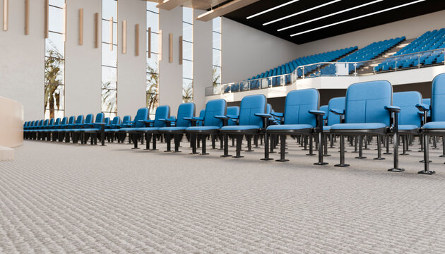 Auditorium seating with blue chairs in modern conference hall