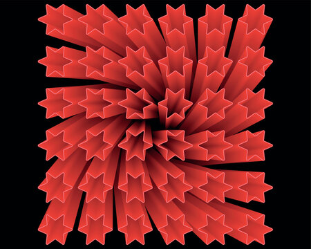 Abstract red 3d star shapes extruded and arranged in a geometric grid pattern on dark background.