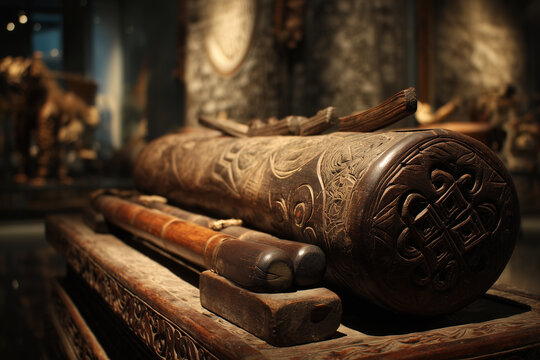 Ancient carved wooden tribal artifact in museum exhibition