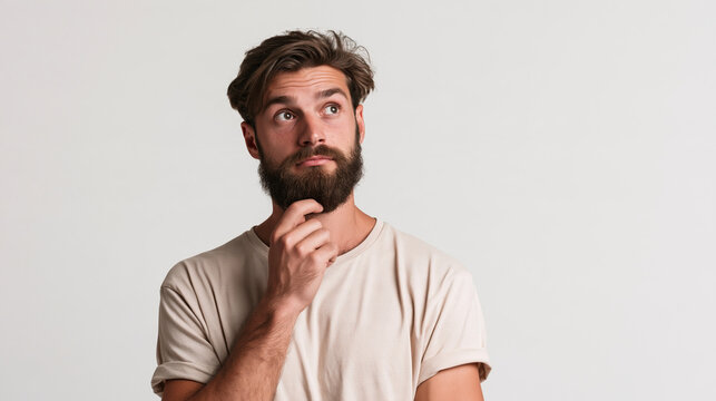 Thoughtful bearded man touches chin while looking up in a minimalist studio portrait