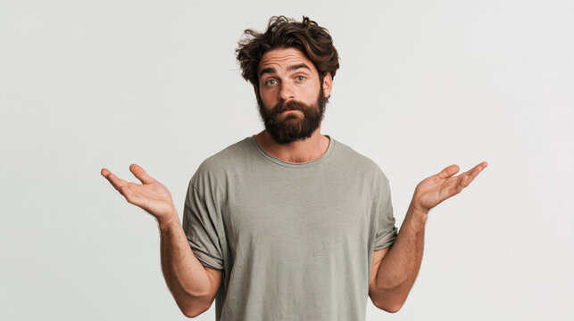 Confused bearded man shrugs with raised hands against a plain studio background