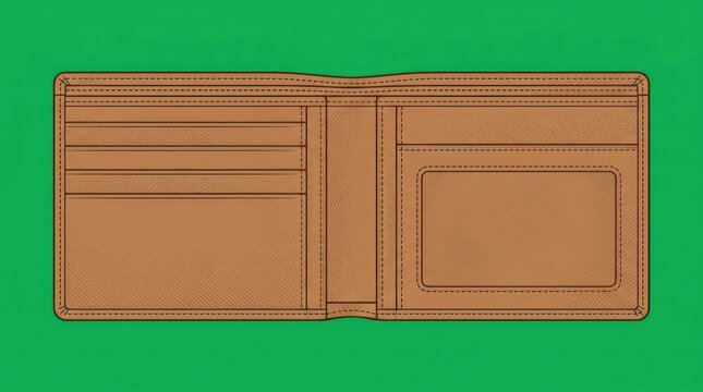 Open brown leather wallet isolated on green background