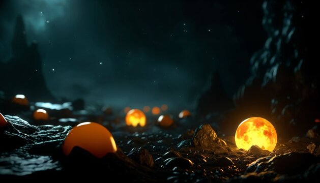 Glowing orange eggs scattered across dark alien landscape