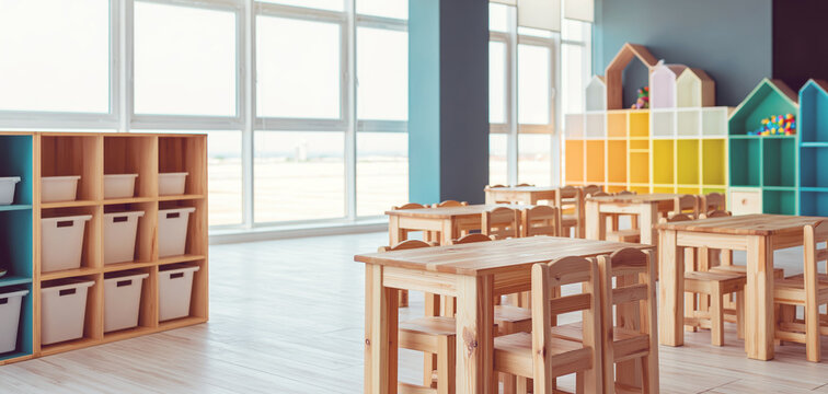 Preschool classroom with wooden tables and chairs, colorful house shaped storage shelves, cubbies, and large sunlit windows