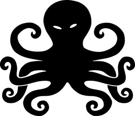 Black octopus silhouette with curled tentacles, minimalist vector icon, marine symbol for nautical design, white background branding asset © Mir