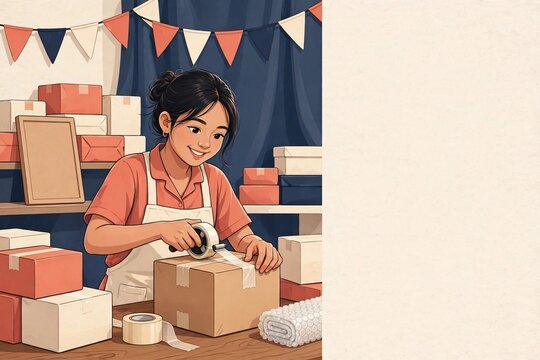 Happy Online Seller Packing Parcels After Successful Live Sale