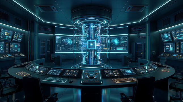 Futuristic dark command control room with glowing blue quantum computer core in glass cylinder and curved HUD monitors. Concept of cybersecurity center, AI mainframe, and sci-fi lab