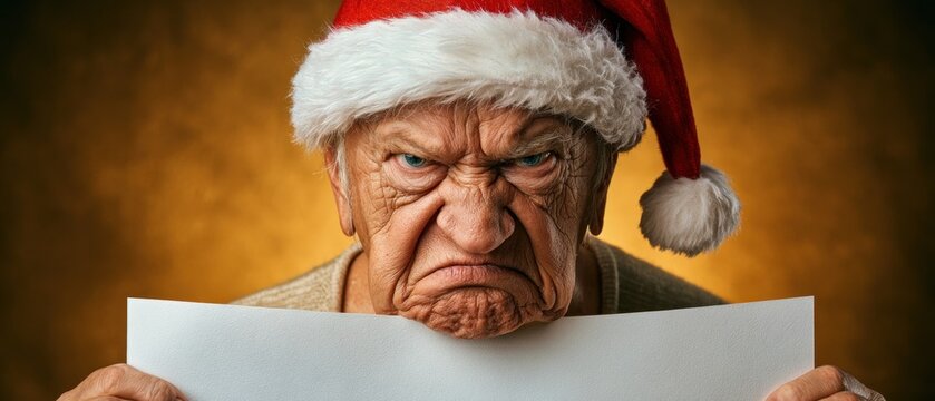 Angry Elderly Christmas Man Holding Blank White Sign