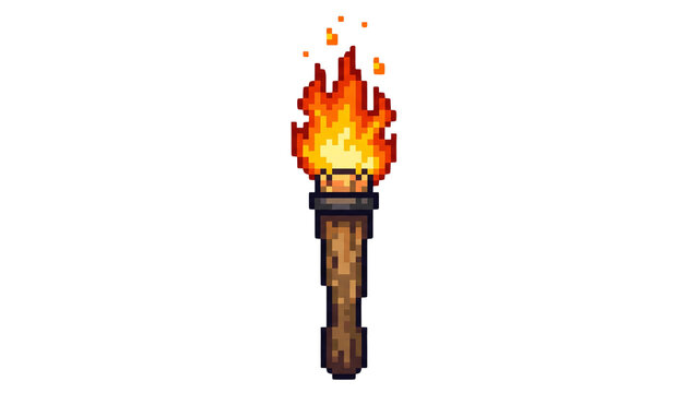 Retro 8-Bit Pixel Art flaming torch Game Asset Isolated