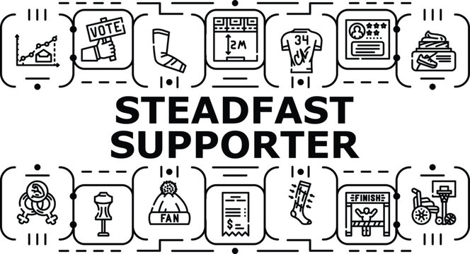Steadfast supporter banner infographic. Champion follower, advocate protector, booster defender icon vector illustration