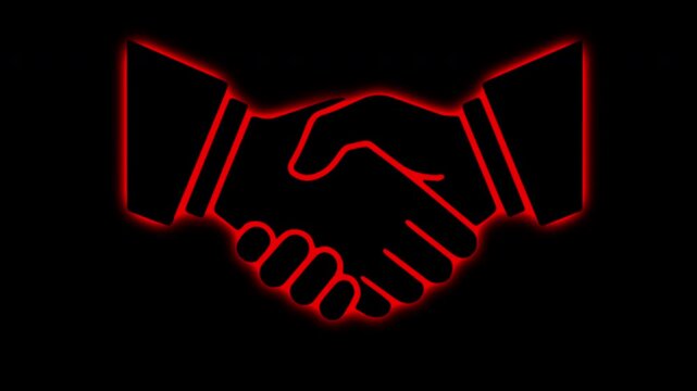 Futuristic red neon glowing business handshake agreement vector icon animation isolated on black background