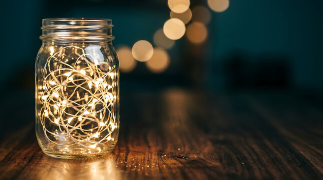 Glass jar filled with warm glowing fairy lights on a rustic