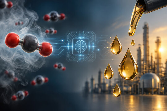 CO2 molecule conversion visualized by AI into liquid fuel droplets over industrial refinery representing carbon-to-fuel reaction mapping sustainable energy technology innovation concept
