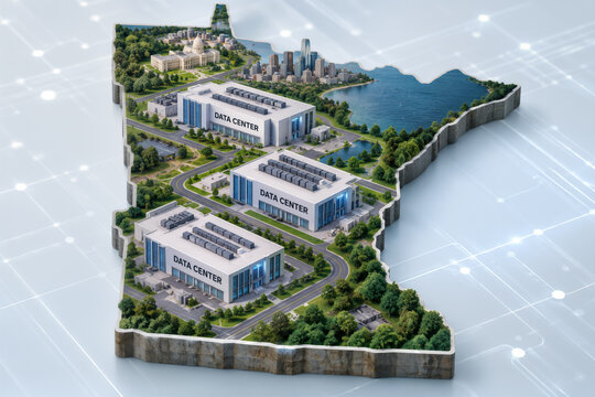Isometric Minnesota data center development diorama showing state silhouette with multiple labeled data centers for land use, zoning regulation and state-level infrastructure planning concepts