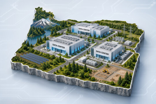 Isometric Oregon map diorama with modern data centers on state land parcel illustrating tech infrastructure development land use regulation and state legislation