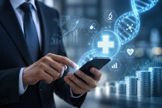 Business executive tapping smartphone with glowing medical cross and DNA helix icons representing healthtech investment, biotech analytics dashboard and digital healthcare finance concept